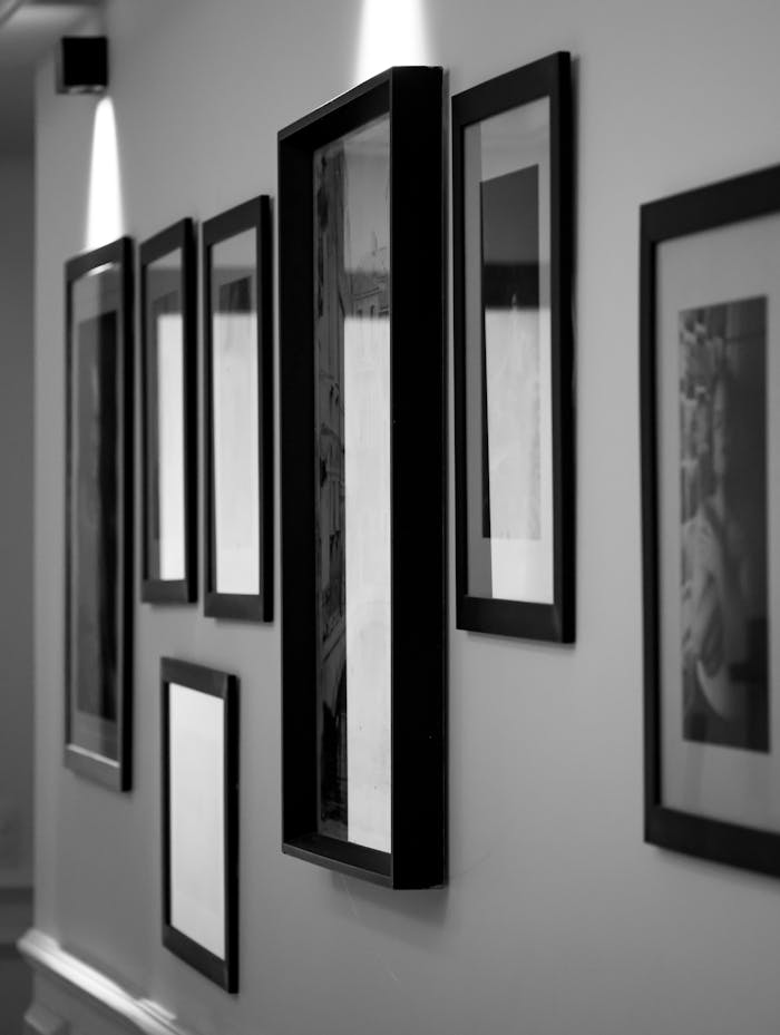 Offerings Monochrome wall display in an art gallery with framed pictures casting soft shadows.